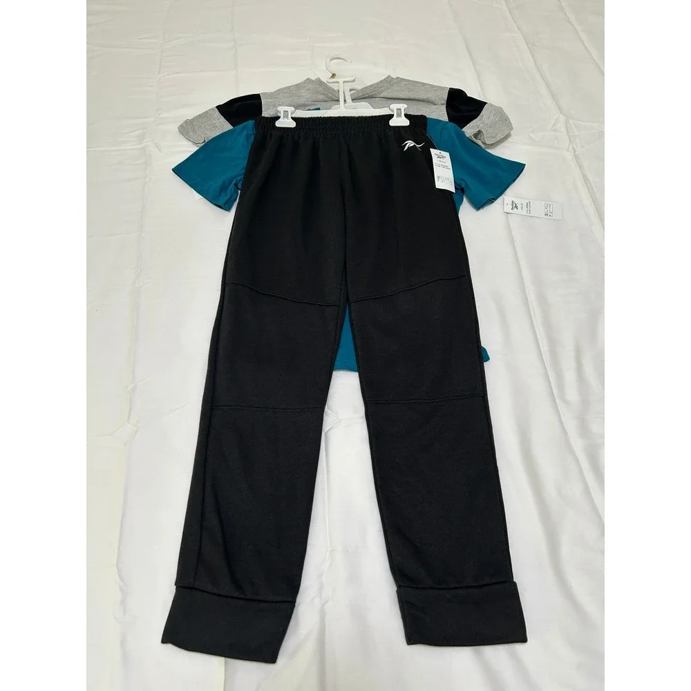 Reebok Kids Boys 3 Piece Set Grey Teal Black Shirts and Jogger Pants Size 12 New